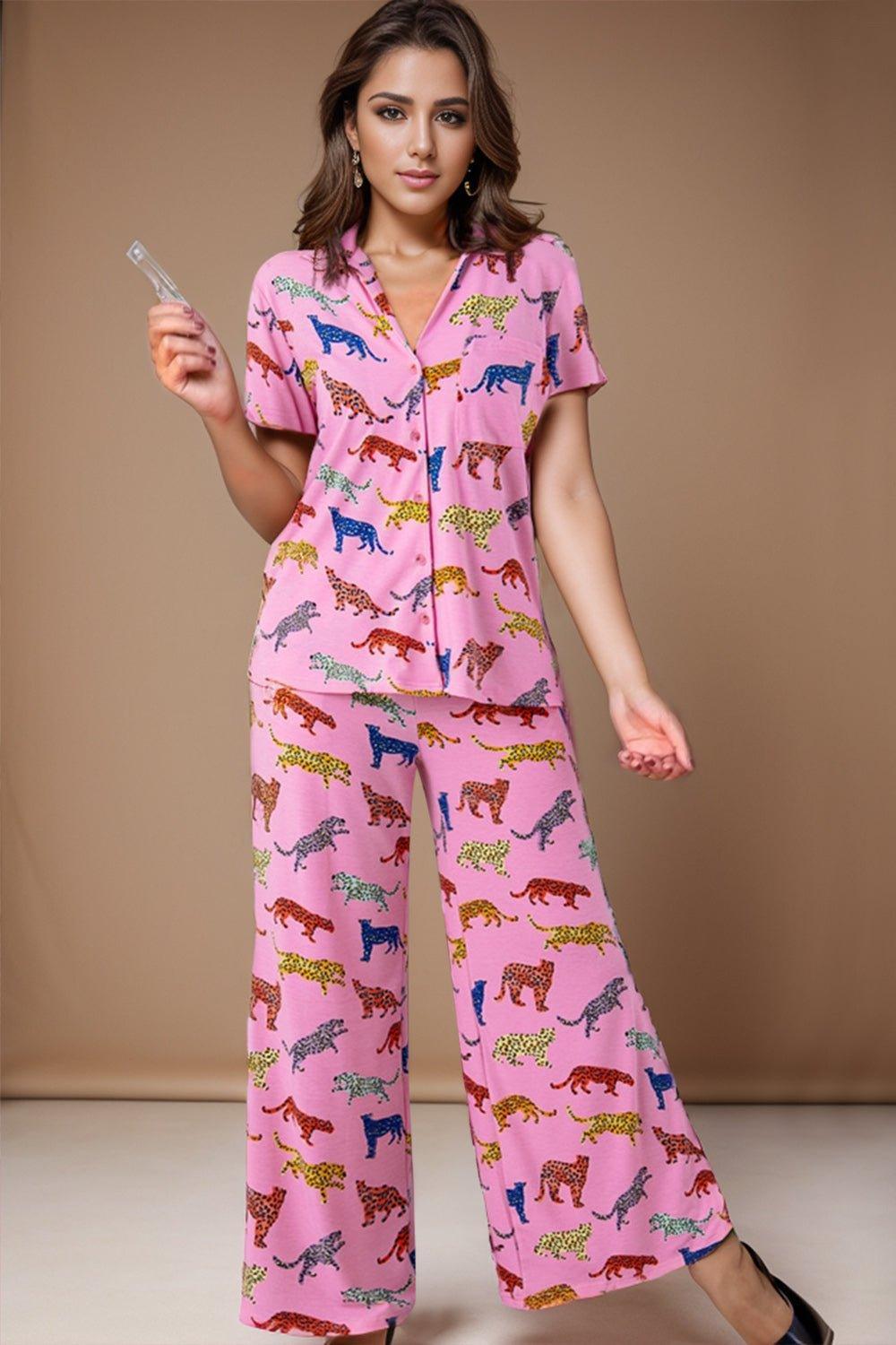 Animal Button Up Top and Pants Lounge Set - Admiresty