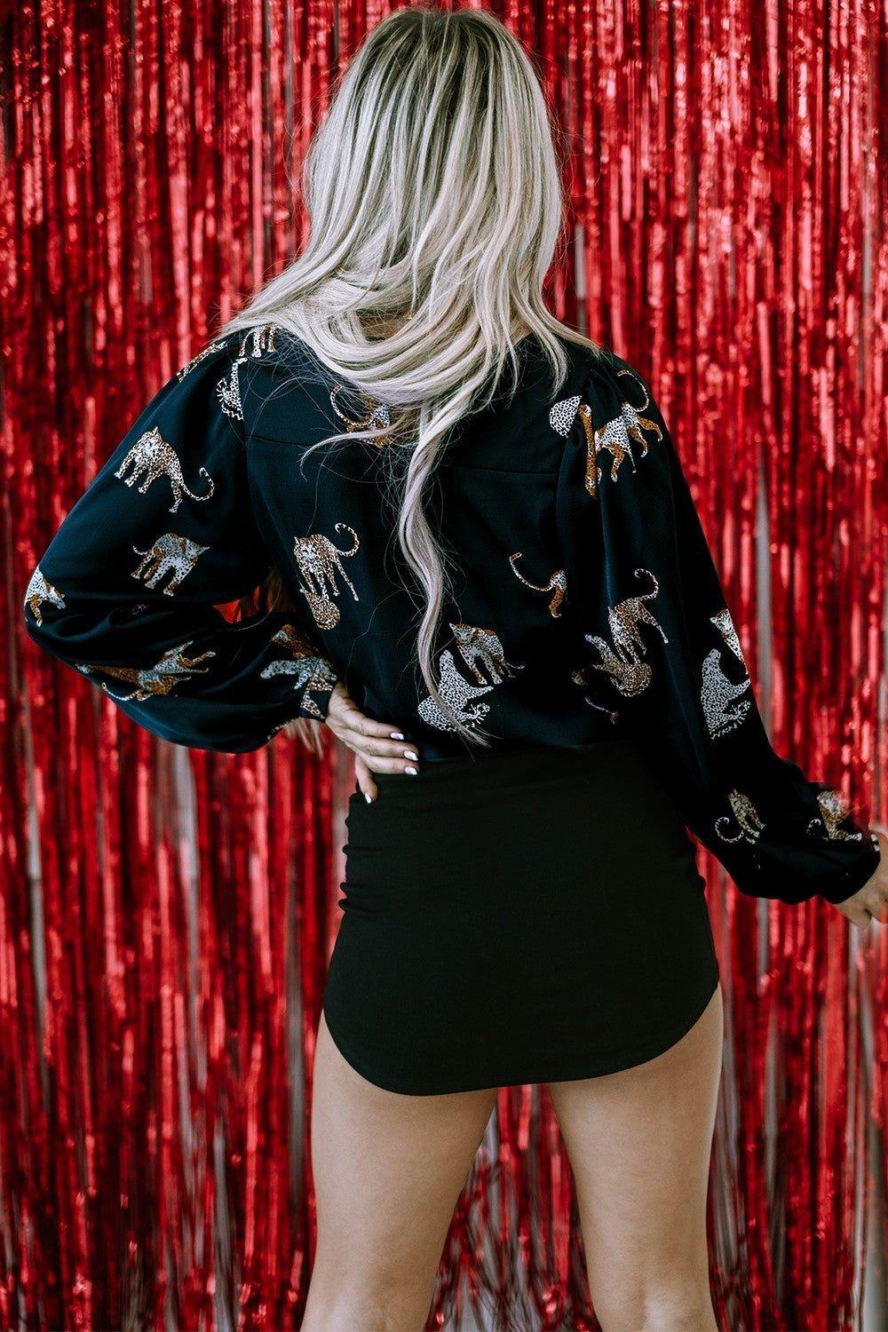 Animal Pattern Round Neck Long Sleeve Blouse - Admiresty