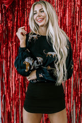 Animal Pattern Round Neck Long Sleeve Blouse - Admiresty