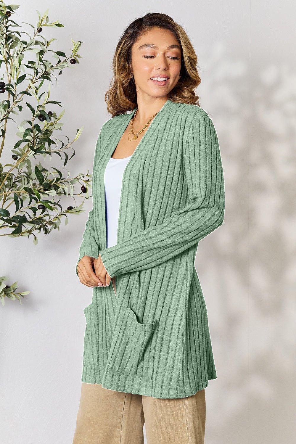 Basic Bae Full Size Ribbed Open Front Cardigan with Pockets - Admiresty