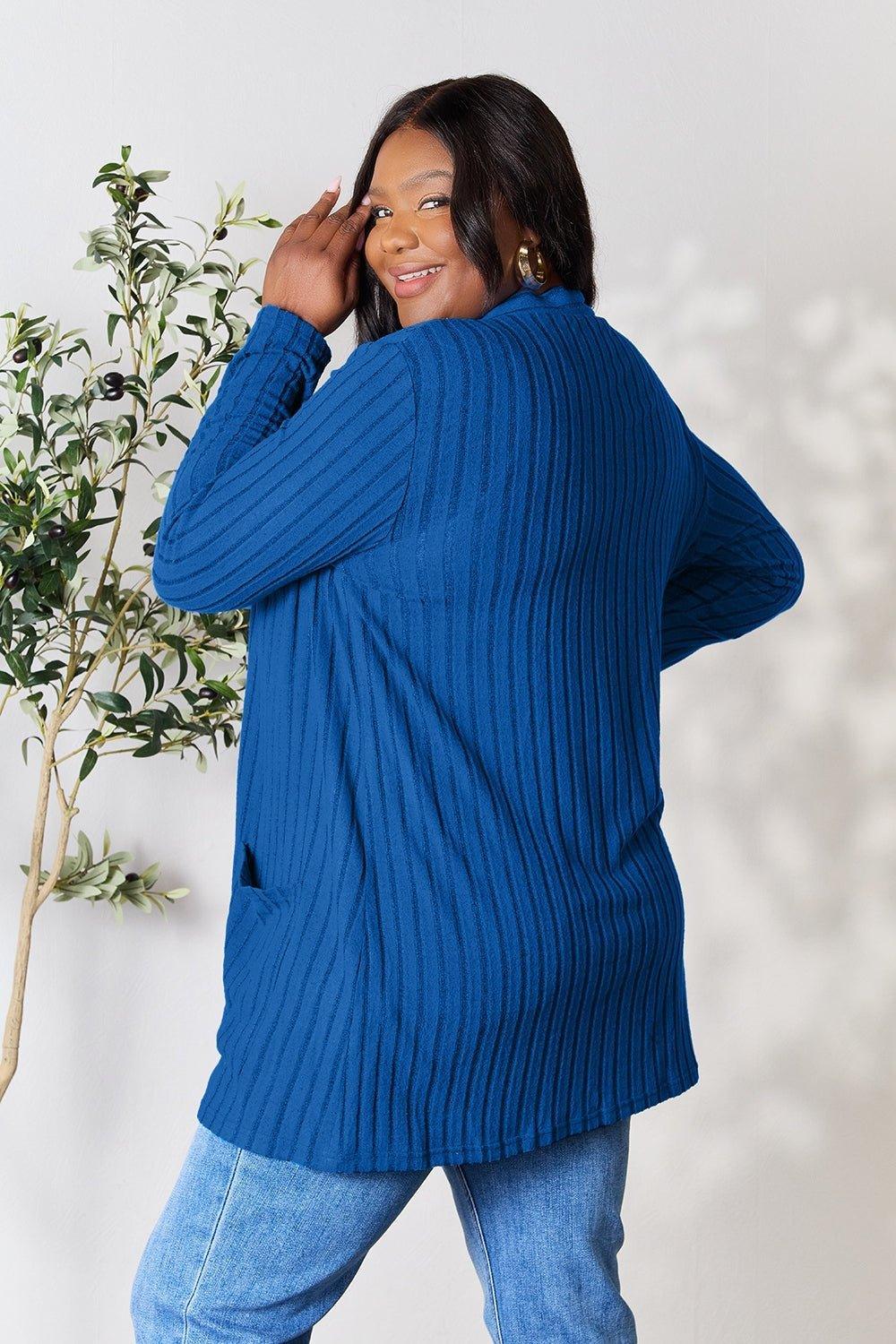 Basic Bae Full Size Ribbed Open Front Cardigan with Pockets - Admiresty