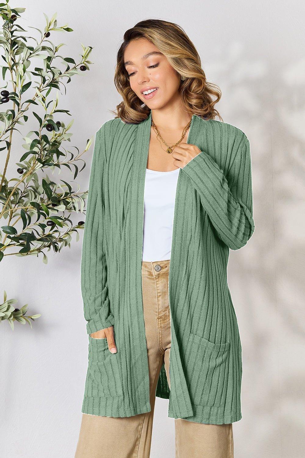 Basic Bae Full Size Ribbed Open Front Cardigan with Pockets - Admiresty