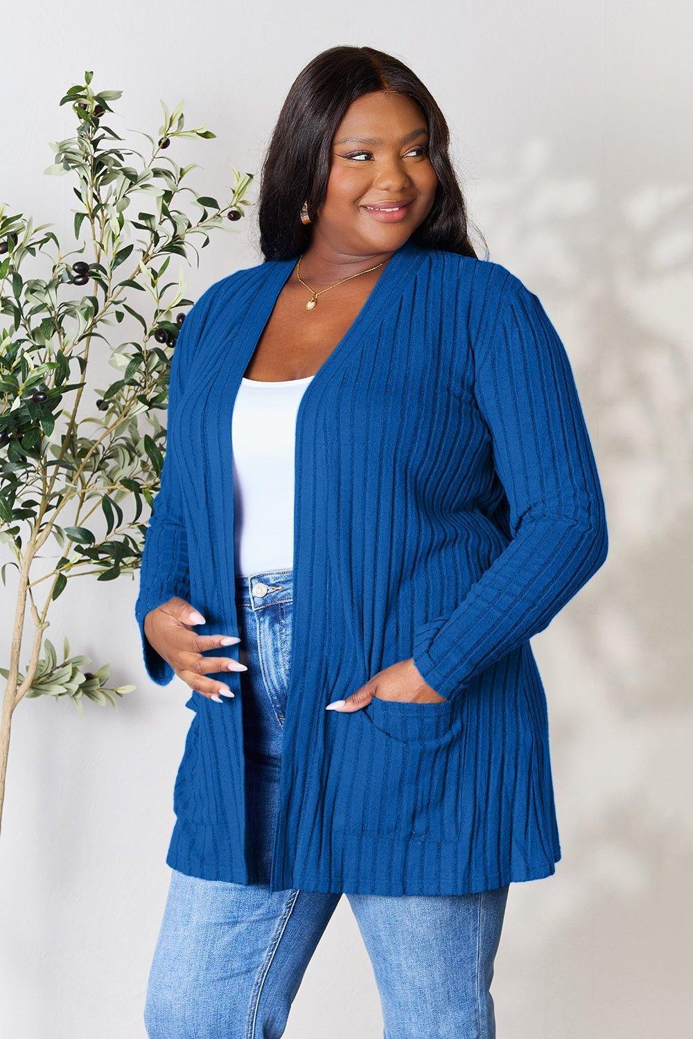 Basic Bae Full Size Ribbed Open Front Cardigan with Pockets - Admiresty