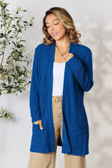 Basic Bae Full Size Ribbed Open Front Cardigan with Pockets - Admiresty