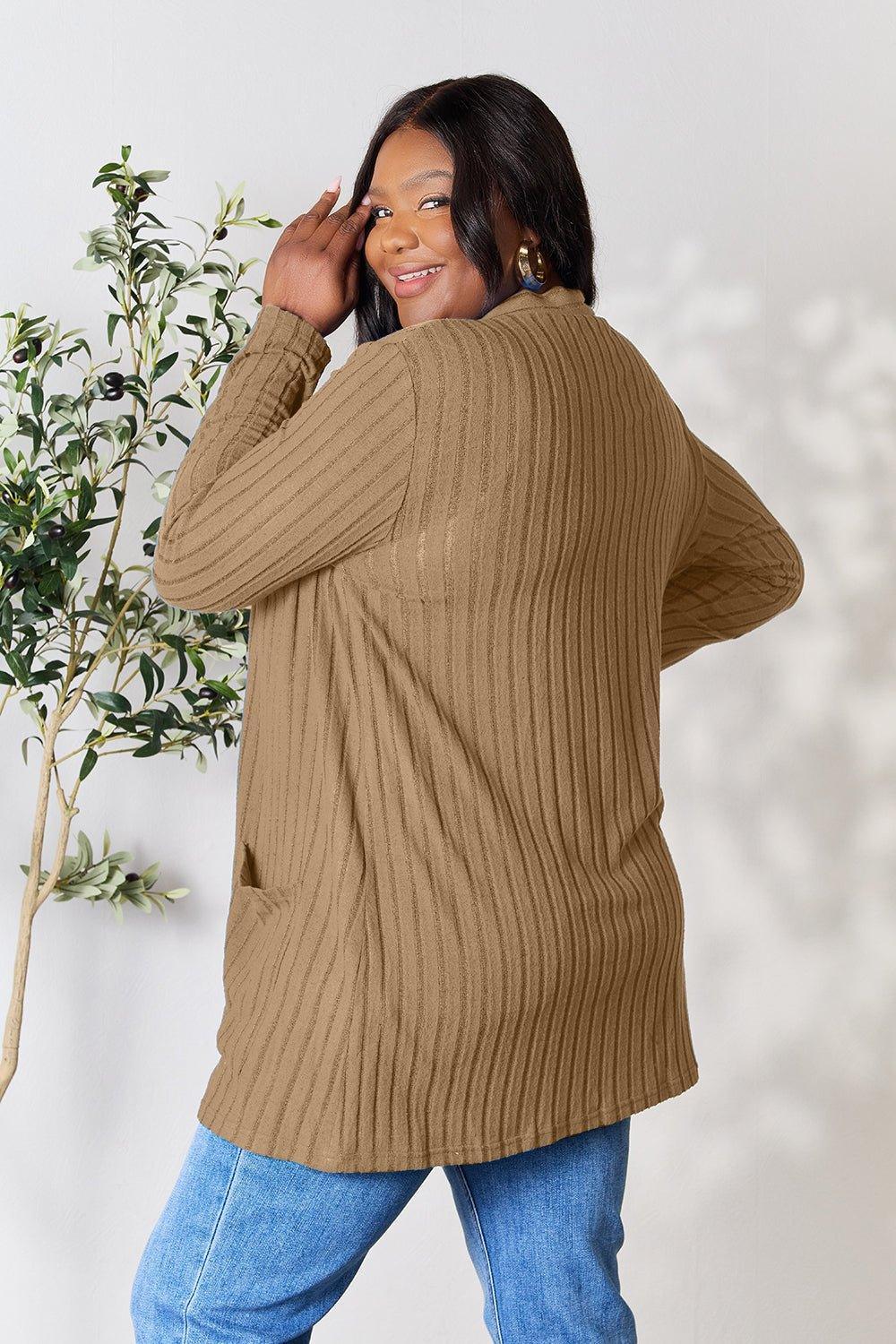 Basic Bae Full Size Ribbed Open Front Cardigan with Pockets - Admiresty