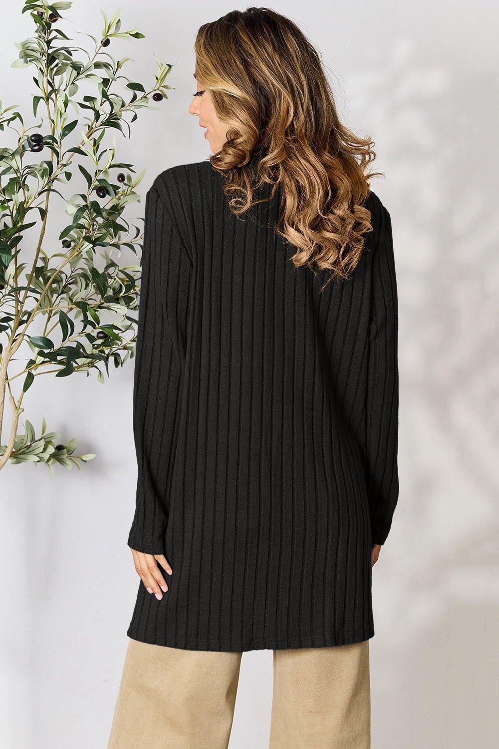 Basic Bae Full Size Ribbed Open Front Cardigan with Pockets - Admiresty