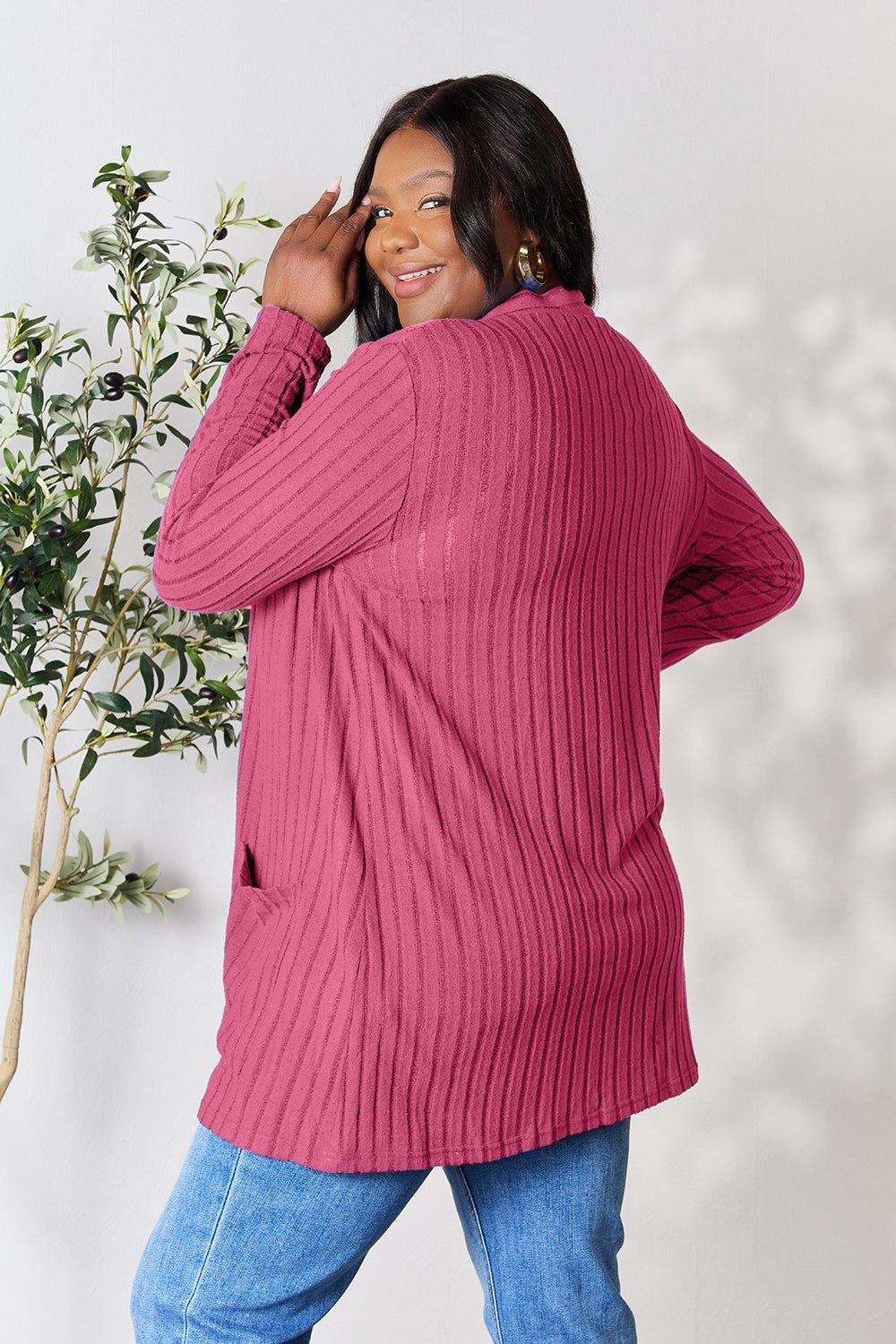 Basic Bae Full Size Ribbed Open Front Cardigan with Pockets - Admiresty
