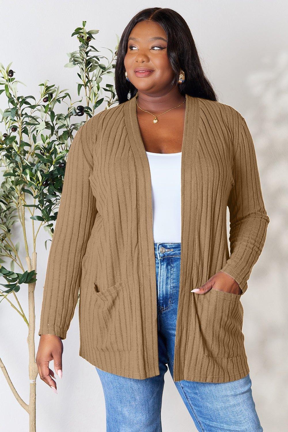 Basic Bae Full Size Ribbed Open Front Cardigan with Pockets - Admiresty