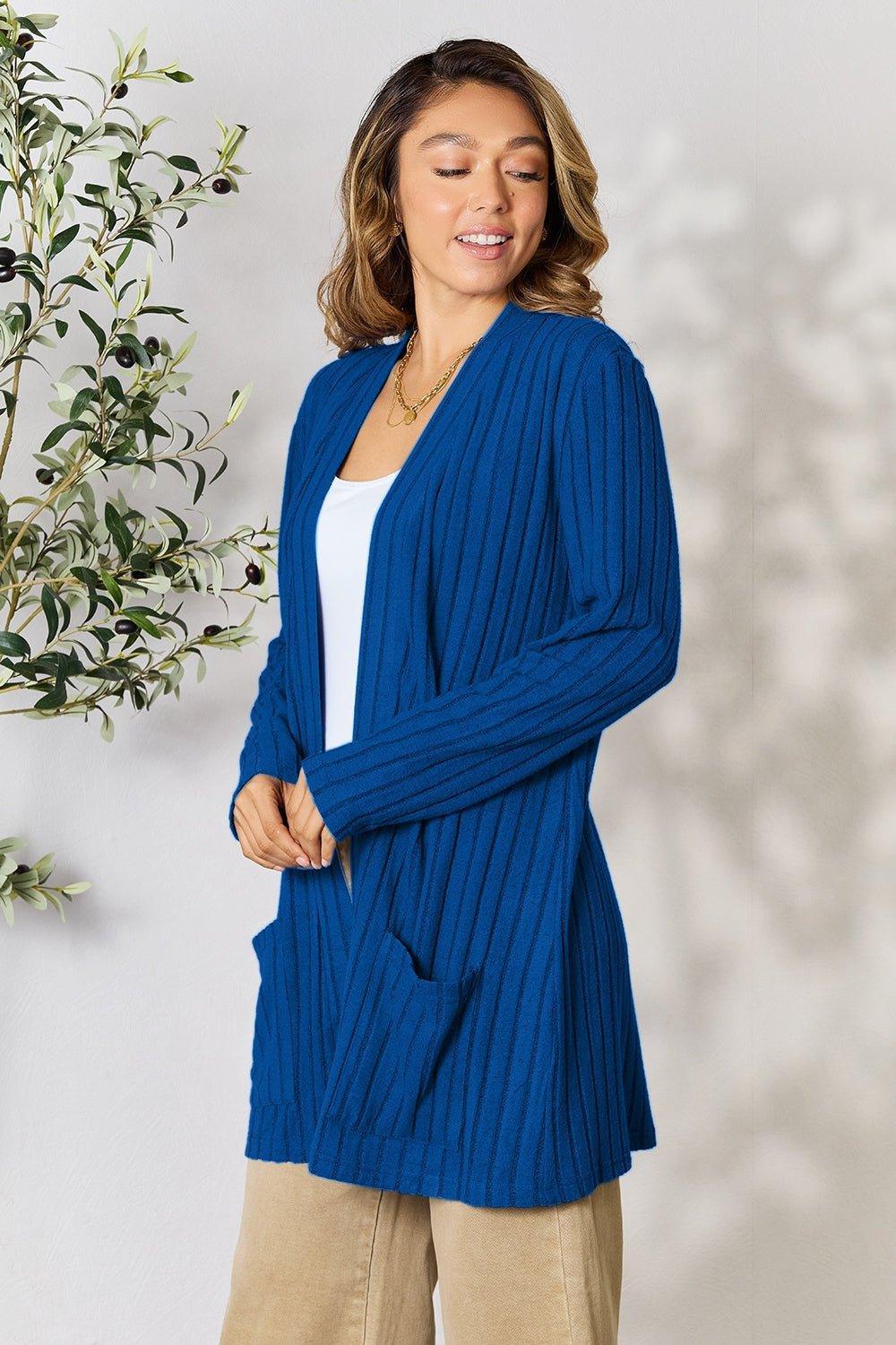 Basic Bae Full Size Ribbed Open Front Cardigan with Pockets - Admiresty