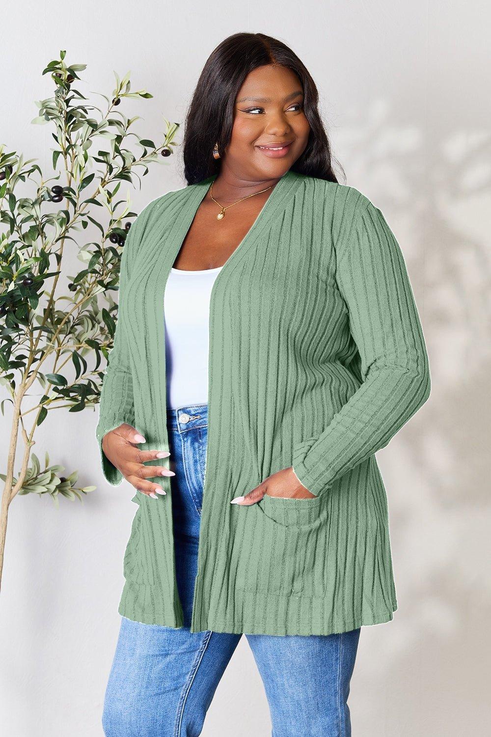 Basic Bae Full Size Ribbed Open Front Cardigan with Pockets - Admiresty