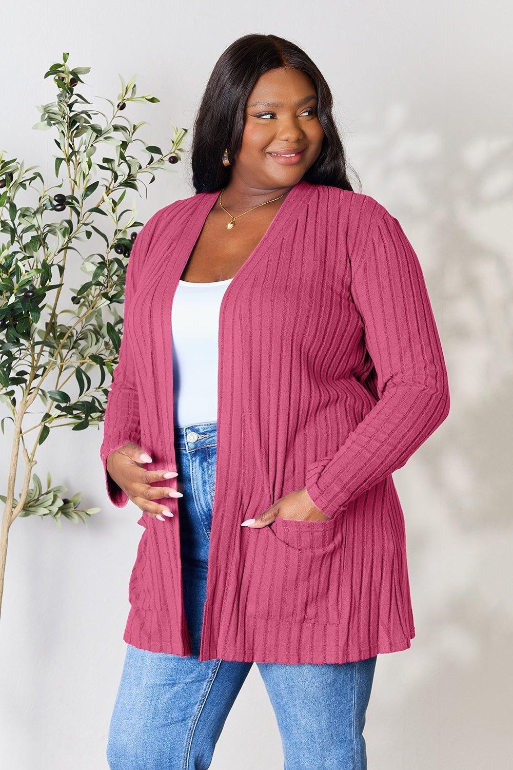 Basic Bae Full Size Ribbed Open Front Cardigan with Pockets - Admiresty