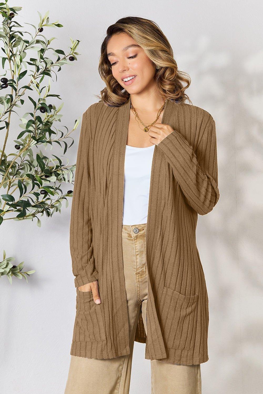 Basic Bae Full Size Ribbed Open Front Cardigan with Pockets - Admiresty
