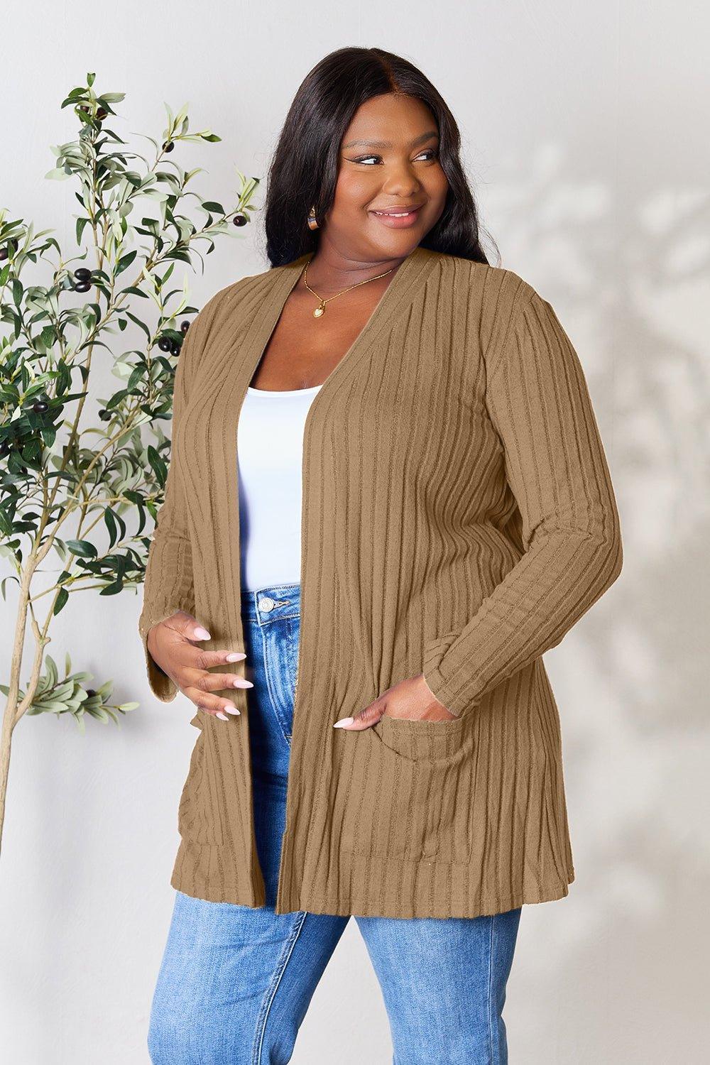 Basic Bae Full Size Ribbed Open Front Cardigan with Pockets - Admiresty