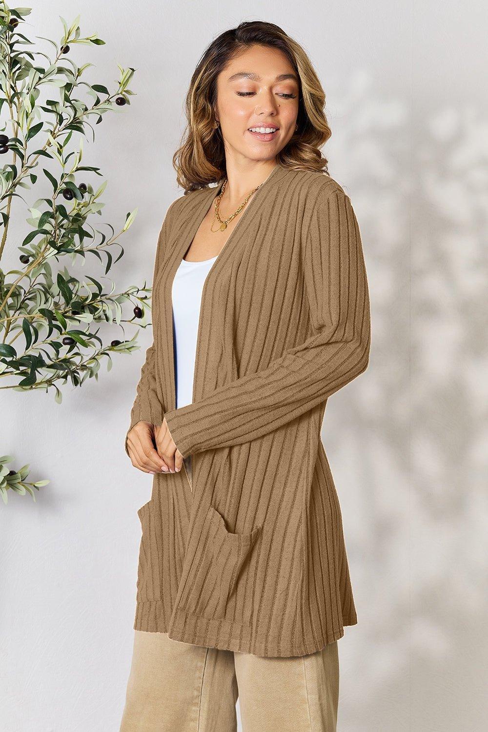 Basic Bae Full Size Ribbed Open Front Cardigan with Pockets - Admiresty