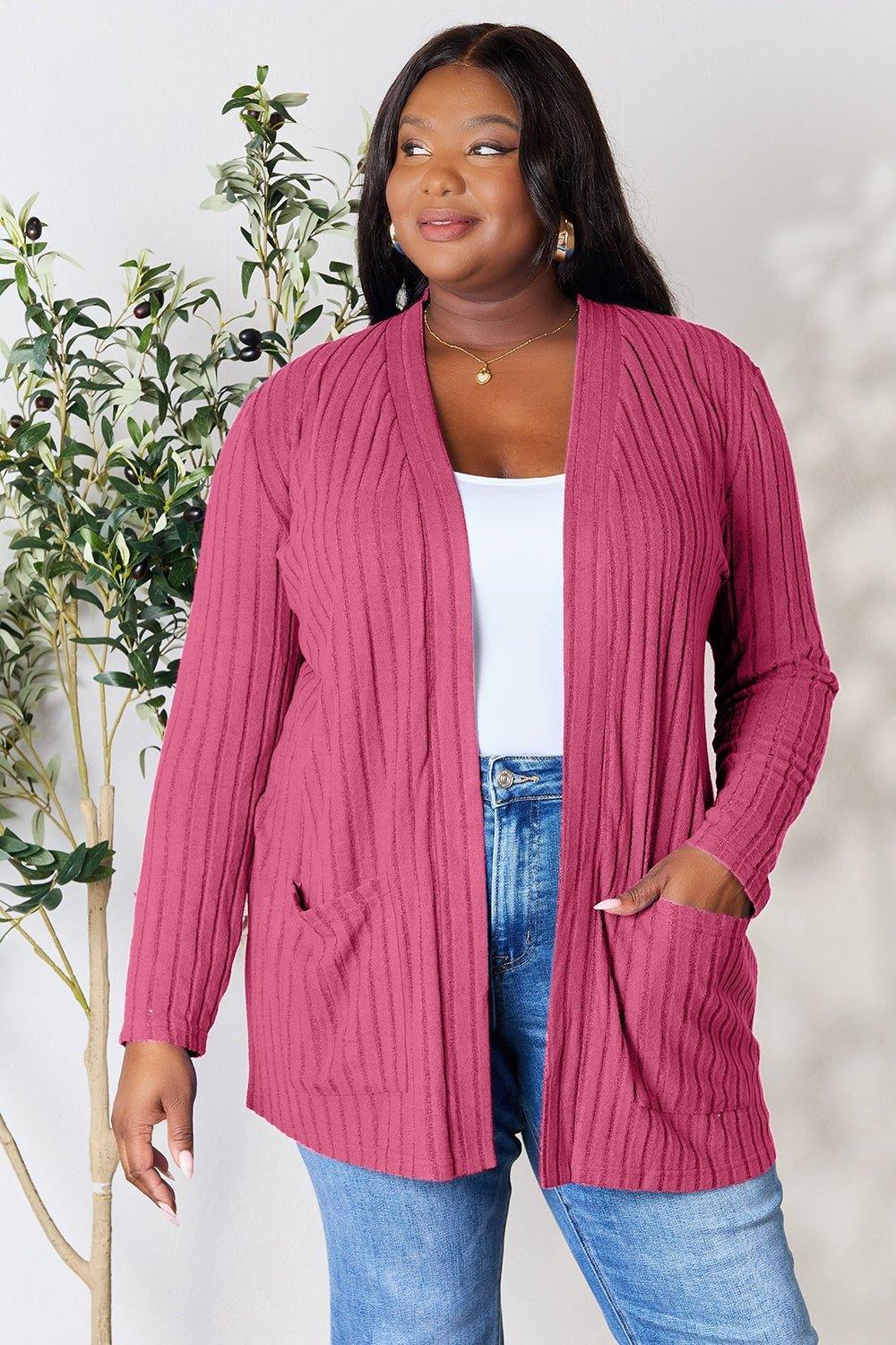 Basic Bae Full Size Ribbed Open Front Cardigan with Pockets - Admiresty