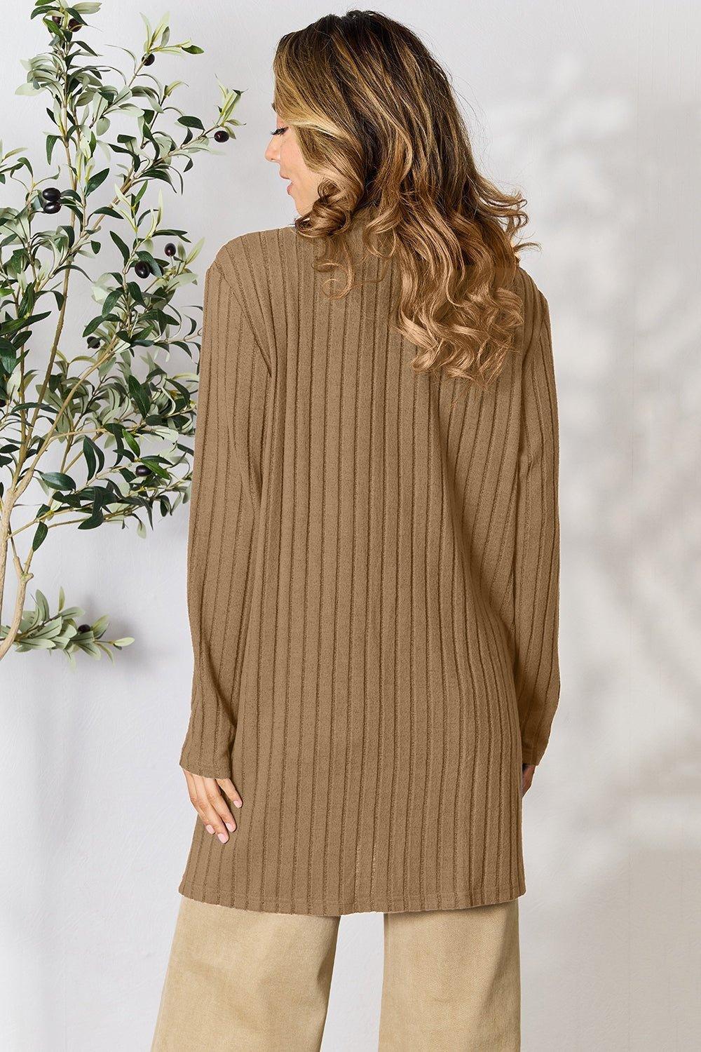 Basic Bae Full Size Ribbed Open Front Cardigan with Pockets - Admiresty