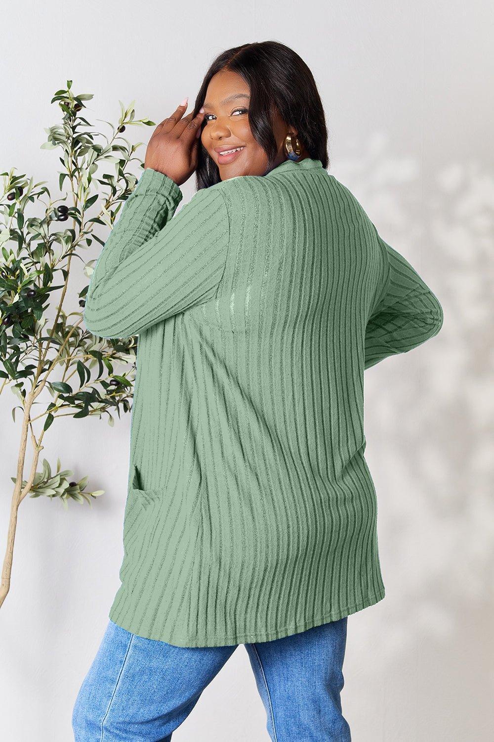 Basic Bae Full Size Ribbed Open Front Cardigan with Pockets - Admiresty