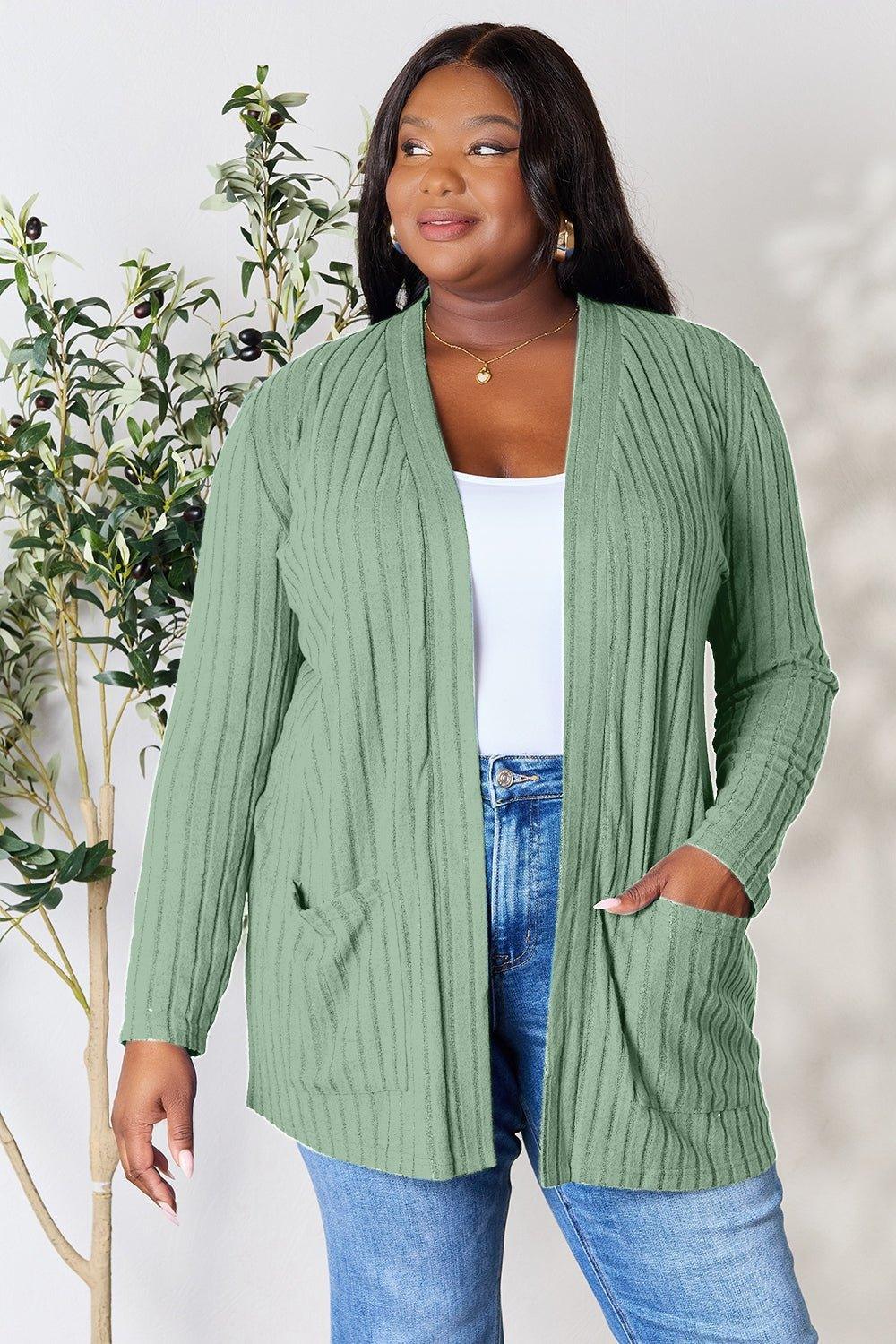 Basic Bae Full Size Ribbed Open Front Cardigan with Pockets - Admiresty