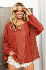 BiBi Checkered Spliced Long Sleeve Top - Admiresty