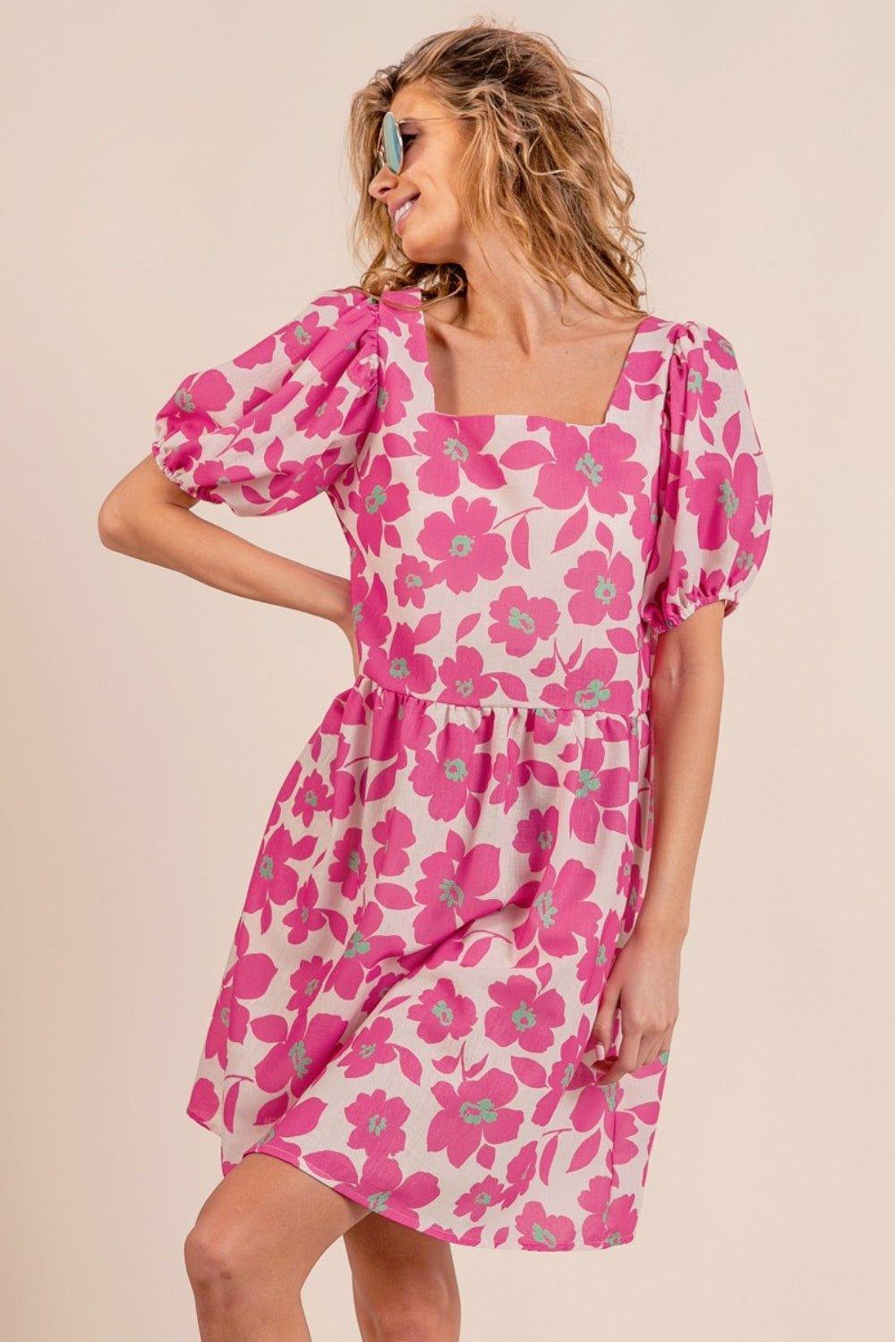 BiBi Printed Square Neck Puff Sleeve Mini Dress - Admiresty