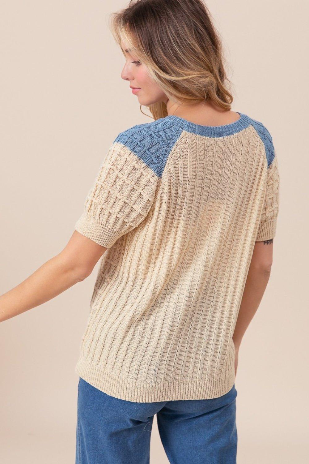 BiBi Textured Contrast Short Sleeve Sweater - Admiresty