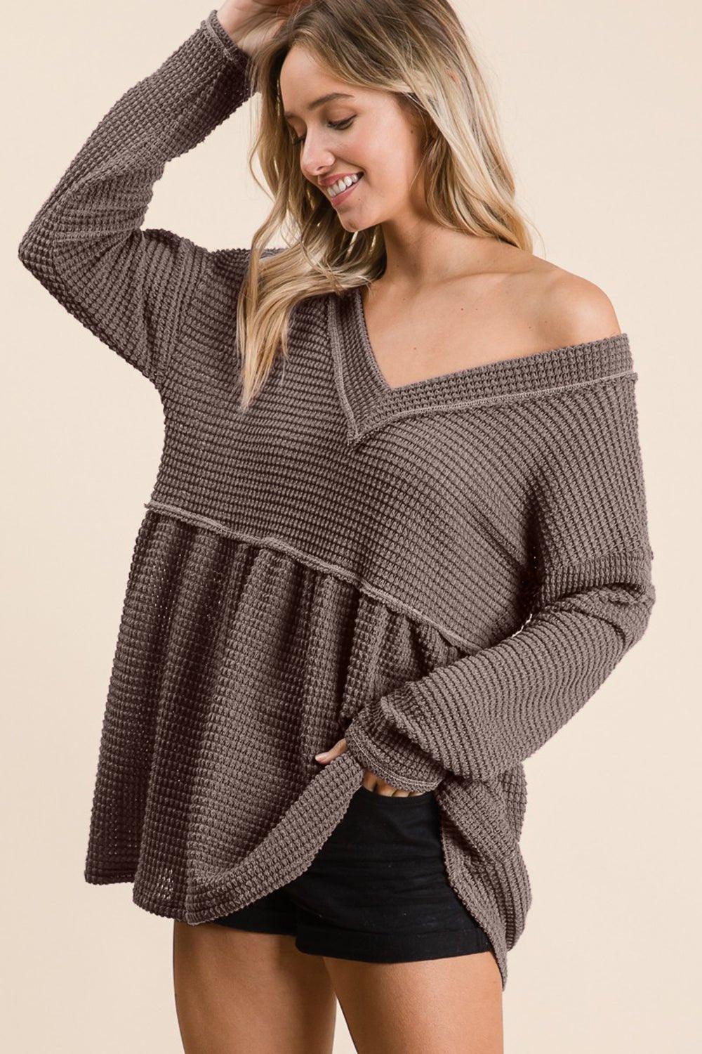 BiBi Waffle Knit V - Neck Babydoll Blouse - Admiresty
