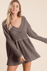 BiBi Waffle Knit V - Neck Babydoll Blouse - Admiresty