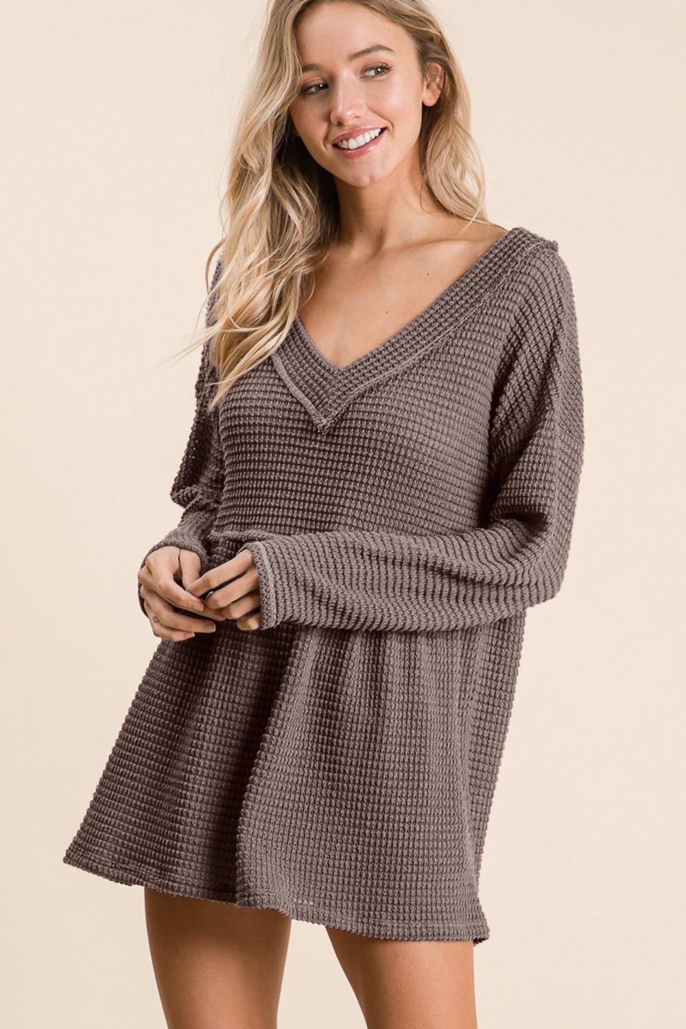 BiBi Waffle Knit V - Neck Babydoll Blouse - Admiresty