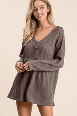BiBi Waffle Knit V - Neck Babydoll Blouse - Admiresty
