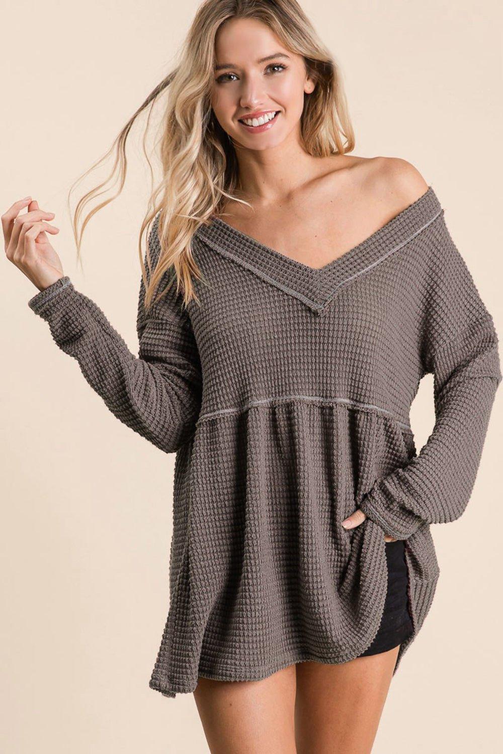 BiBi Waffle Knit V - Neck Babydoll Blouse - Admiresty