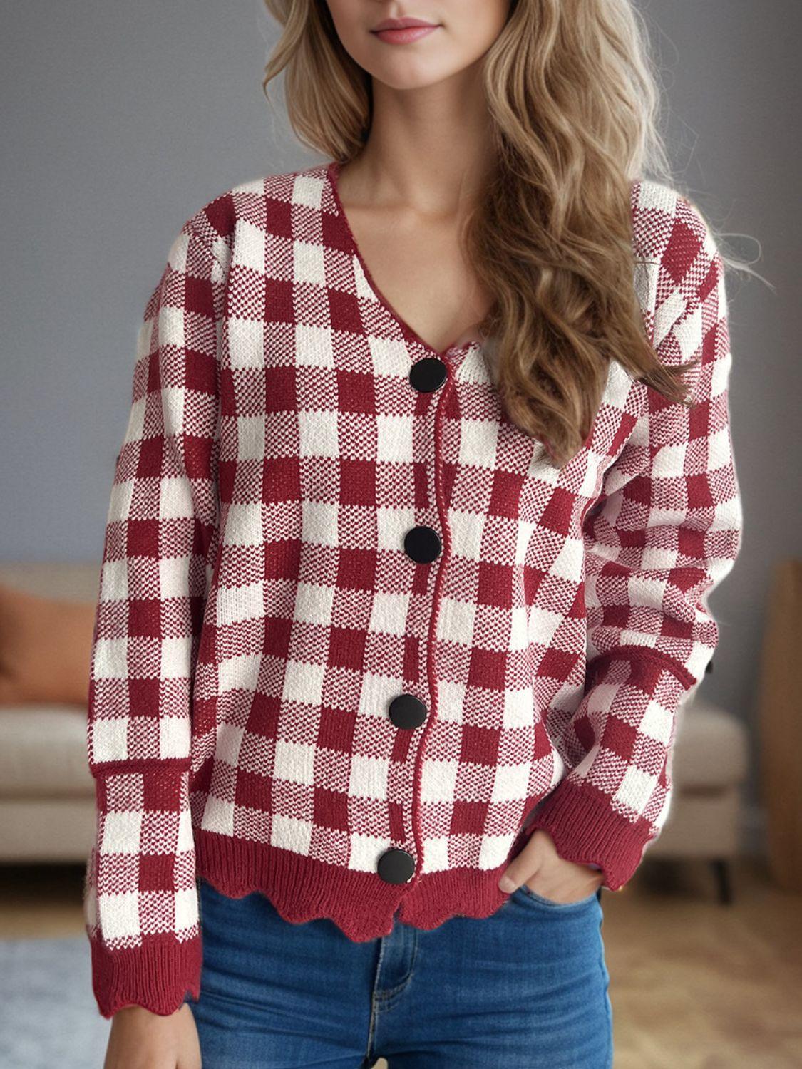 Plaid V-Neck Button Up Cardigan