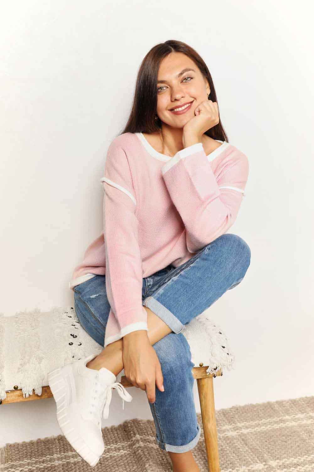 Double Take Contrast Detail Dropped Shoulder Knit Top - Admiresty